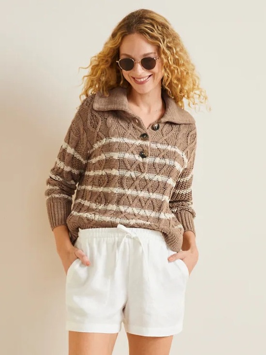 Garnet Hill Sweaters - Garnet Hill Linen Blend Cable Knit Striped Collared Henley Sweater Size Medium
